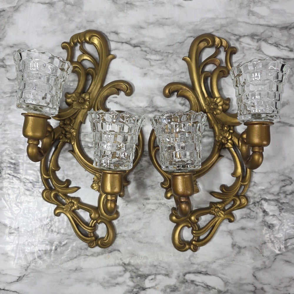 Sexton Vintage MCM Sconces Scrolled Cast Metal Antique Bronze Finish W/Votives